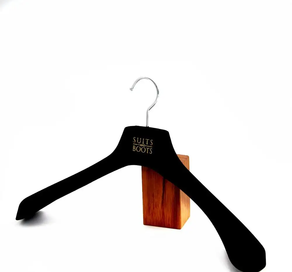Appendiabiti da uomo in velluto nero con logo personalizzato a spalla larga per appendiabiti in plastica floccato per panno per adulti