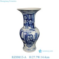 Vase Gu (Beaker) RZHM13-A de style chinoiserie antique, bleu et blanc, avec scène narrative chinoise