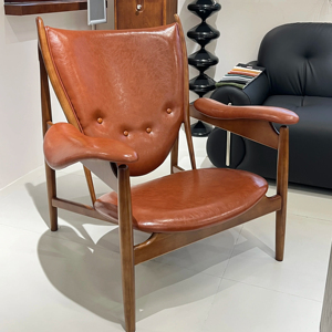 Sillón de Cuero Marrón de Alta Calidad, Estilo Moderno de Mediados de Siglo, Estructura de Madera Sólida, Sillón Ergonómico para Sala de Estar - Product Image 1