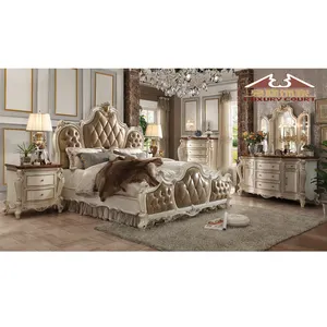 Longhao Furniture European Loyal Luxury Classical Style Bedroom Furniture, Solid Carved Wood King Size Bed Set