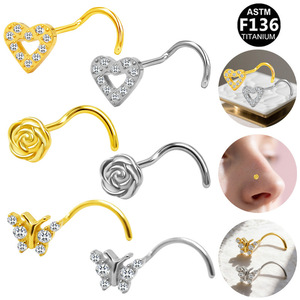 Anneau de nez en titane en forme de cœur, rose, papillon avec cristaux pour bijoux de piercing unisexe - Product Image 1