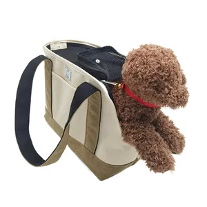 Kustom kanvas Logo Tote portabel tas bawa hewan peliharaan sisi lembut perjalanan kucing anjing pembawa dengan Mesh bernapas dan empuk maksimum