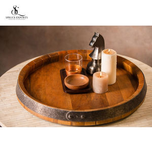 Hotselling Natural <b>Wooden</b> Round Serving Tray with rustic metal sheet tray for Home Hotel and Restaurant Custom OEM ODM - Product Image 3