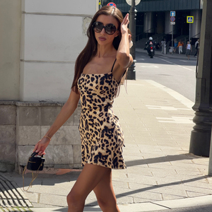 Women's Leopard <b>Print</b> Backless <b>Mini</b> Dress Spaghetti Strap Lace Up Bodycon Sleeveless Sexy Club Party Summer Dress - Product Image 5
