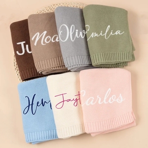 Manta de punto con nombre bordado, manta de algodón personalizada para cochecito, suave y transpirable, <span class=keywords><strong>regalo</strong></span> para recién <span class=keywords><strong>nacido</strong></span>, recuerdo. - Product Image 4