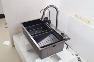 Single Bowl Black Nano Handmade Faucet Waterfall Kitchen Sink