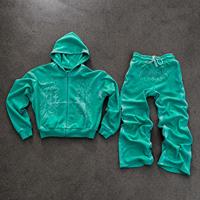 Ensemble de survêtement Y2K 2 pièces pour homme, sweat à capuche zippé avec logo en strass personnalisé et pantalon de survêtement baggy délavé à l'acide, fabrication OEM ODM