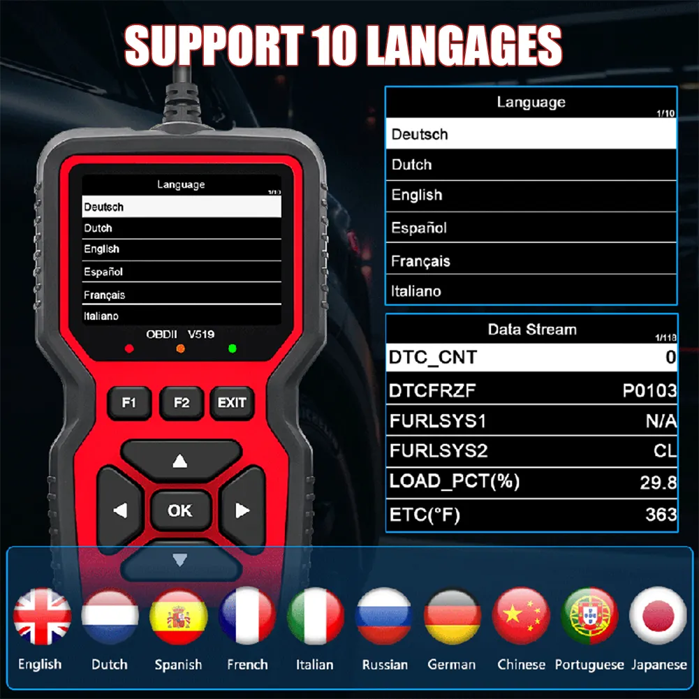 סורק רכב כף יד כלי סריקה לאבחון רכב V519 OBD סורק גלאי תקלות לרכב