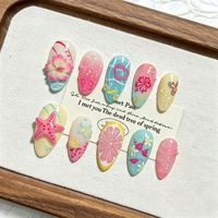 Ongles en amande thème plage faits à la main, 10 pièces, roses, avec fleurs 3D, étoiles de mer, tranches de citron et pois, pour l'été