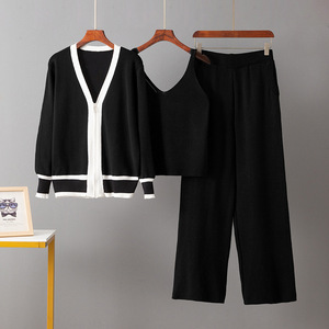 Custom Women's Three-Piece Casual Suit V-Neck Knitted Tank Top Ladies Zipper Cardigan Trousers Women Set Ropa De Mujer Elegante - Product Image 2