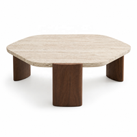 Table basse en travertin de style nordique, table centrale de luxe en bois de frêne avec plateau en pierre Wabi Sabi pour salon
