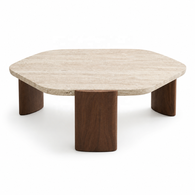 Nordic Style Travertine Coffee Table Wabi Sabi Luxury Ash Wood Stone Top Center Table for Living Room