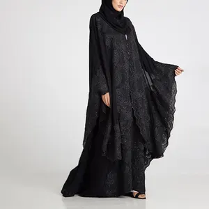 新设计师最新豪华Abaya设计宽松和服开放式Abaya穆斯林女性纯色石Abaya带皮带std0995