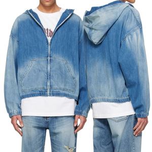 Sweat à capuche zippé en denim 100% coton personnalisé, fin, avec poche plaquée, bleu délavé, épaules tombantes, coupe courte - Product Image 6