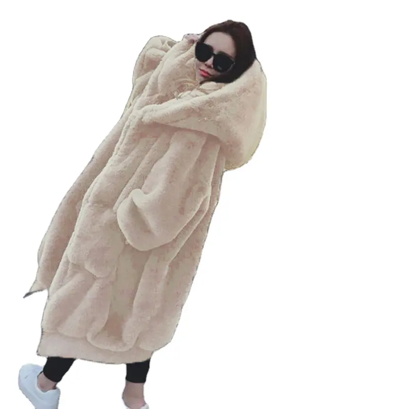 Abrigos largos de invierno de gran tamaño para mujer, ropa <span class=keywords><strong>Rex</strong></span> con capucha, abrigo de piel sintética de conejo