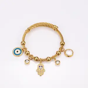 Tendenza vendita calda all'ingrosso in acciaio inox Hamsa braccialetto fascino Twist braccialetto gemma zircone turco blu malocchio braccialetto
