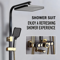 Ensemble de douche de salle de bain noir et or avec système de douche pluie à bouton rond 4 fonctions, douchette bidet 3 modes et étagère de rangement