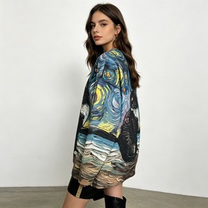 <span class=keywords><strong>Pull</strong></span> en tricot pour <span class=keywords><strong>femme</strong></span> à imprimé chat et ciel étoilé, col rond décontracté, coupe oversize, manches longues, respirant, doux, pour usage quotidien - Product Image 3