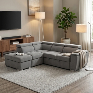 L Shaped Foldable Sectional <b>Sofa</b> <b>Bed</b> Chaise Ottoman Fabric Upholstery Convertible Design Living Room Contemporary Hotel Bedroom - Product Image 2