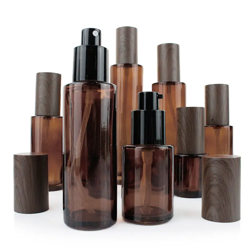 Роскошный темно-коричневый косметический стеклянный контейнер для упаковки лосьона насос распылитель бутылка с имитацией деревянной крышки