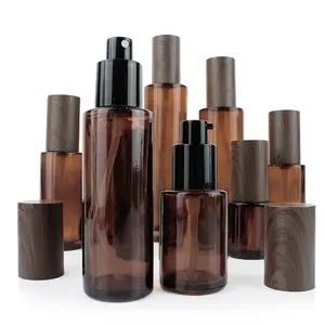 luxury Dark Brown Cosmetic Glass Packaging Container Lotion Pump Spray Pump Bottle with Imitation Wood Grain Lid
