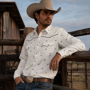 Camisa Western para Hombre, Estilo Vaquero, Manga Larga, Estampado de Toro, Algodón Blanco, Cuello con Botones, Estilo Casual de Primavera - Product Image 1