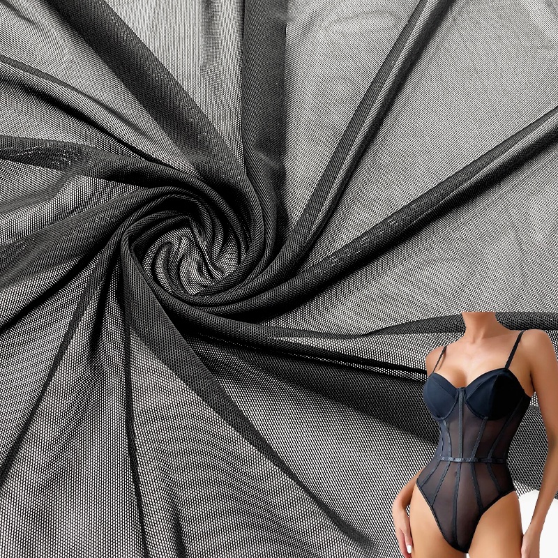 Stock Lots Black Lightweight Stretchy Nylon Spandex Power Net Mesh Fabric Performance Wear Swimwear Corset Underwear Fabrics