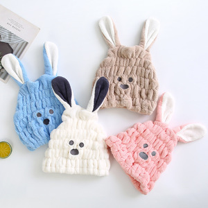 Gorro de ducha de conejito de dibujos animados para niños, gorro de secado de pelo elástico de lana coral, de felpa gruesa, blanco, azul, rosa - Product Image 1
