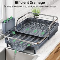 Égouttoir à vaisselle extensible pour comptoir de cuisine, avec cadre métallique résistant à la rouille, porte-ustensiles, barrière de protection surélevée et égouttoir amovible