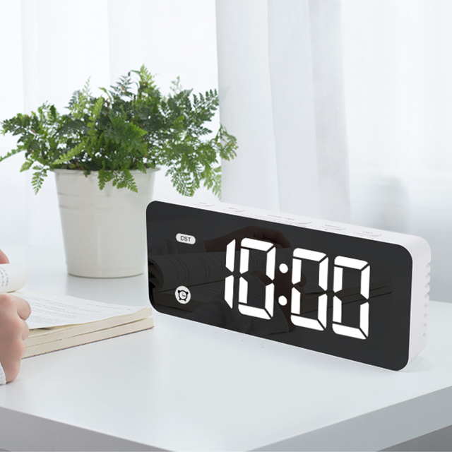 Small Electronic LED Mirror Calendar Alarm Desk Clock with Snooze Function Back to School Edition Minimalist Design