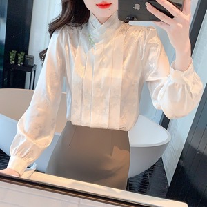 2025 mujeres Retro mejorado Hanfu satén Top Vintage <span class=keywords><strong>chino</strong></span> Jacquard Cheongsam para ropa de oficina Casual Tang traje <span class=keywords><strong>camisa</strong></span> - Product Image 2