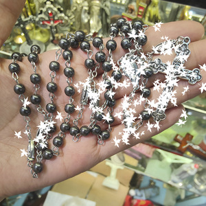 Collier chapelet en pierres précieuses noires 6mm rondes, pendentif croix non magnétique, chaîne de pull unisexe en alliage argenté tibétain, cadeau bijoux - Product Image 3