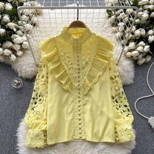 Camicette e camicie da donna di fascia alta personalizzate <span class=keywords><strong>in</strong></span> <span class=keywords><strong>pizzo</strong></span> di cotone di lusso leggero con maniche a lanterna con maniche vuote stile Casual elegante - Product Image 6