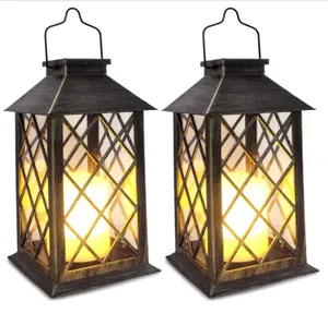 Solar Lantern Outdoor Garden Hanging Lantern Bronze color with transparent acrylic Waterproof LED Flickering Flameless Candle