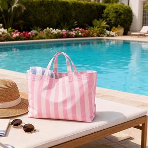 Hot Selling Vertical Stripe <b>Large</b> Capacity Beach Tote <b>Bag</b> Lightweight <b>Canvas</b> Shoulder <b>Bag</b> for Shopping - Product Image 1