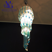 Lustre en verre long à plusieurs niveaux, style cascade bleue médiévale française, décoration d'intérieur de luxe léger pour villa, escalier et hall haut.