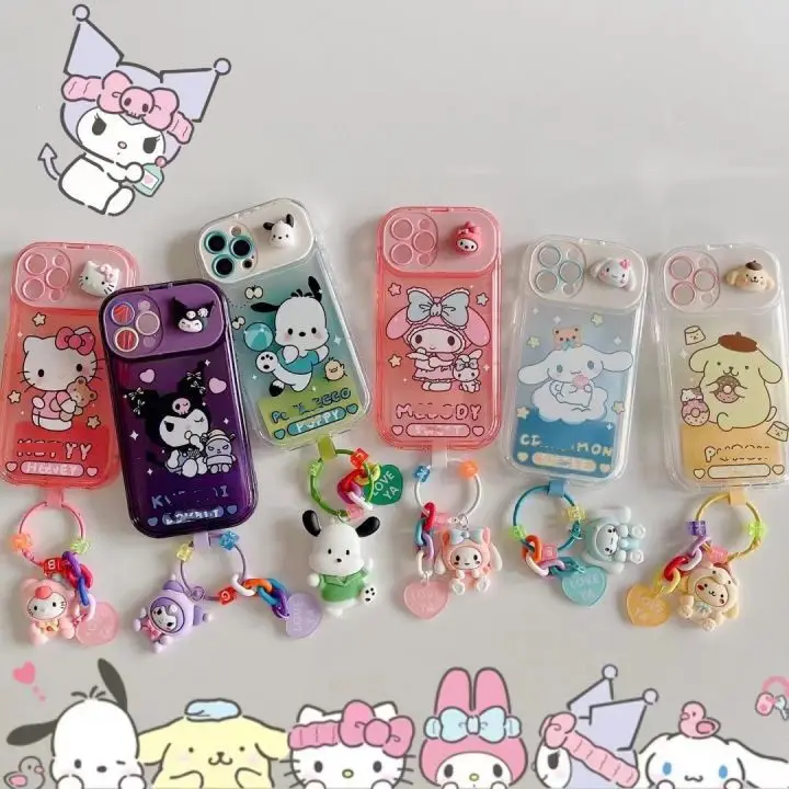 Cartoon Print 3D Toy Flip Mirror Phone Case With Chain Charm Cute Anime Phone Case For iPhone 14plus 13Pro 12 11promax XR