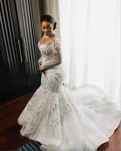 LY-WD0751 ivoire robe de mariée sirène col haut à manches longues avec strass brillants dentelle queue de poisson grande taille robe de mariée africaine - Product Image 2