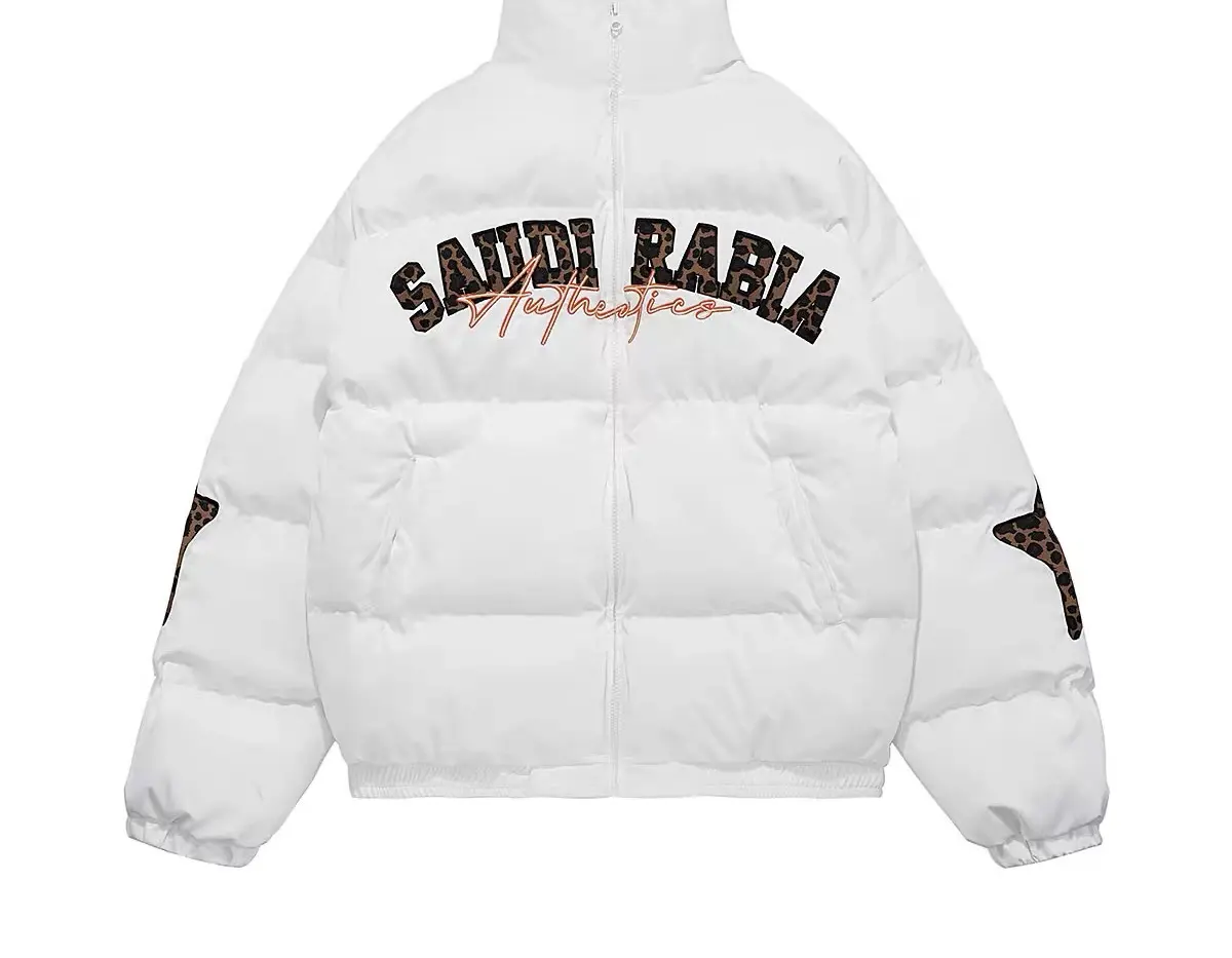 Wholesale custom logo letter embroidered patch white duck feather jacket no hood man bubble jacket