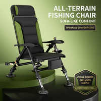 Chaise de pêche pliable tout-terrain avec dossier rétractable, support de lampe et plateau à appâts – Siège de pêche portable en acier au carbone pour le camping