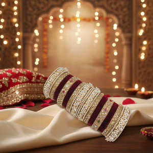 Traditional Kundan & Pearl Velvet Bangle <b>Set</b> Elegant Bridal Pearl <b>Bracelets</b> Premium Wedding Jewelry Collection - Product Image 3