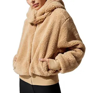 Women Long Sleeve Ribbed Cuffs Faux Sherpa Cozy Hooded Zip Up Front Teddy Jacket