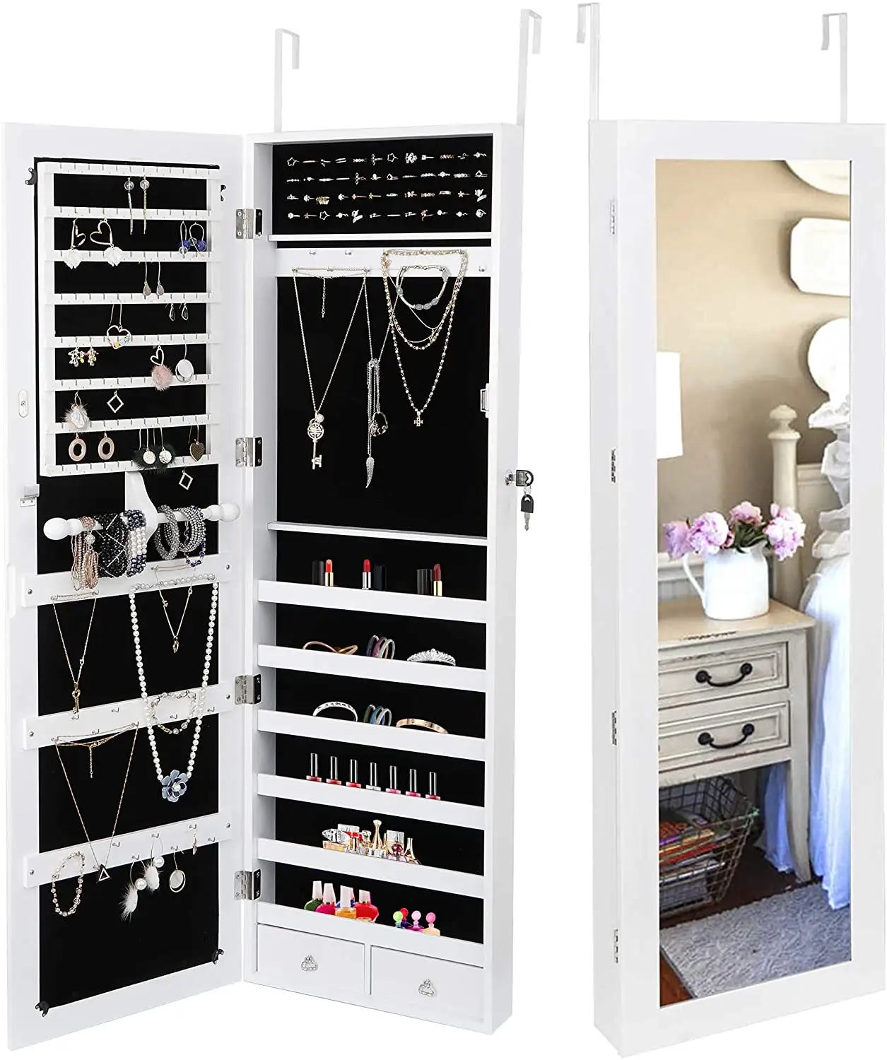 Jewelry Armoire Lockable Door Mounted Jewelry Cabinet Wall with Full Length Mirror