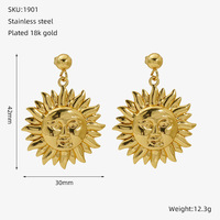 Boucles d'oreilles pendantes soleil en acier inoxydable 304 plaqué or 18 carats, avec médaillon radiant et boule, 42x30mm, bijoux bohèmes pour femme