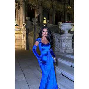 Vestido de Noche Formal de Manga Larga Saks con Cuello Redondo, Corte en A, Largo hasta el Suelo, Decoración 3D con Lentejuelas, Perlas, Flores y Plumas para Fiestas - Product Image 3