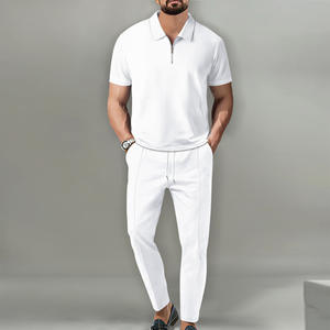 Conjunto Casual de Dos Piezas para Hombre, Verano, Color Sólido, Cuello Alto, Manga Corta, Transpirable, Pantalón con Cierre, Tejido Sin Costuras - Product Image 5