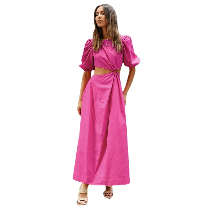 summer new vacation style design asymmetric dress long skirt commuter bubble sleeve elegant women's wear
