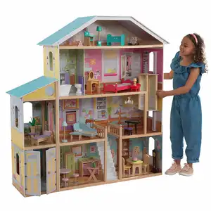 Ensemble de jeu de maison de poupée en bois imaginatif pour enfants, 17 accessoires et meubles inclus, avec balcon et escalier, facile à assembler