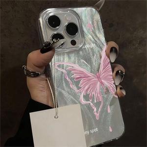 เคสโทรศัพท์ที่เหมาะสำหรับ iPhone 17 Pro Max, เคสลายผีเสื้อสีชมพูเลเซอร์วิบวับ รูใหญ่ ป้องกันแรงกระแทกและกันตก - Product Image 4