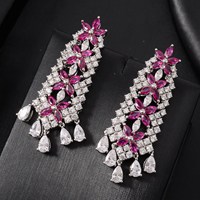 Ensemble de bijoux en laiton et zircon cubique 00174, 4 pièces, collier, boucles d'oreilles, bracelet, bague, ensemble de bijoux de mariage floral en CZ rose